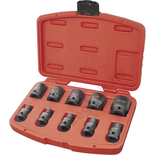 Dugófej - Gépi (impakt) dugófej készlet. 1/2", 10db, 9-27mm × 37 mm ; feketített, műanyag tartóban, EXTOL PREMIUM, 8818131
